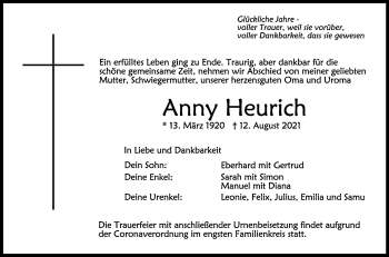 Anzeige von Anny Heurich von Schwäbische Zeitung