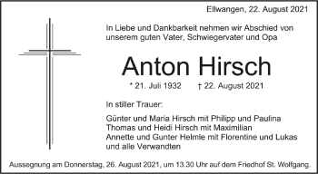 Anzeige von Anton Hirsch von Schwäbische Zeitung