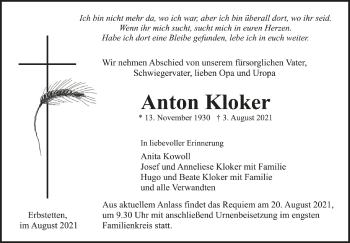 Anzeige von Anton Kloker von Schwäbische Zeitung