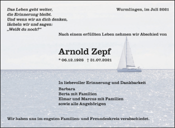 Anzeige von Arnold Zepf von Schwäbische Zeitung