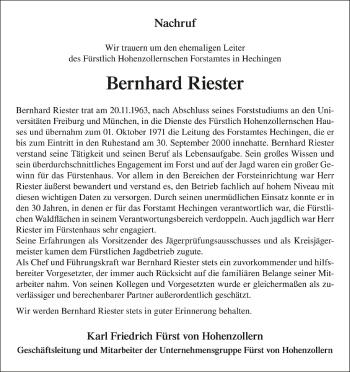 Anzeige von Bernhard Riester von Schwäbische Zeitung