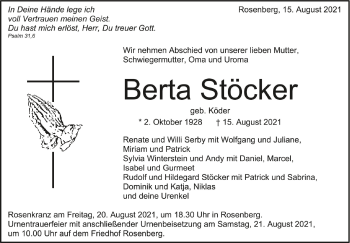 Anzeige von Berta Stöcker von Schwäbische Zeitung