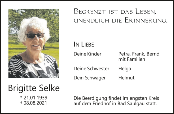 Anzeige von Brigitte Selke von Schwäbische Zeitung