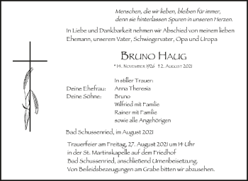 Anzeige von Bruno Haug von Schwäbische Zeitung