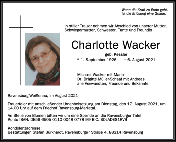 Anzeige von Charlotte Wacker von Schwäbische Zeitung