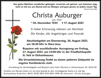 Anzeige von Christa Auburger von Schwäbische Zeitung