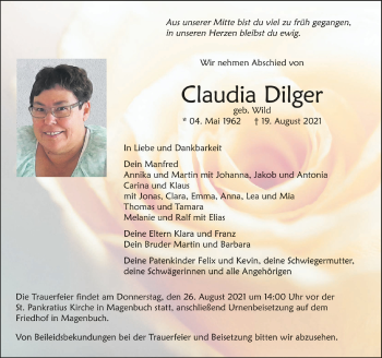 Anzeige von Claudia Dilger von Schwäbische Zeitung