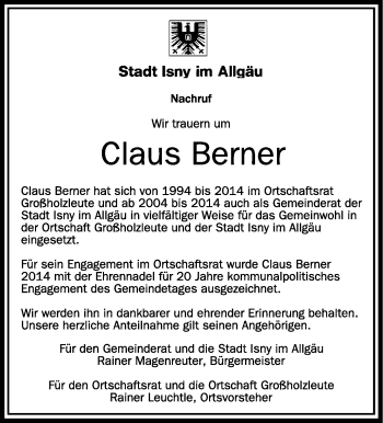 Anzeige von Claus Berner von Schwäbische Zeitung
