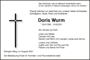 Anzeige von Doris Wurm von Schwäbische Zeitung