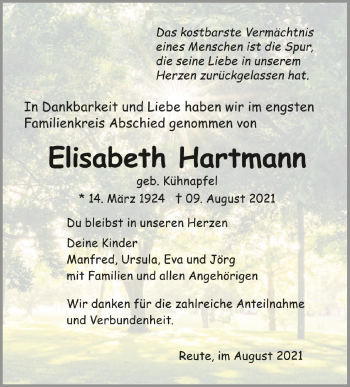Anzeige von Elisabeth Hartmann von Schwäbische Zeitung