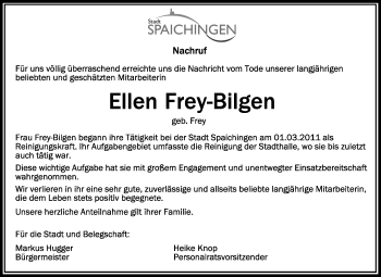 Anzeige von Ellen Frey-Bilgen von Schwäbische Zeitung