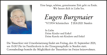 Anzeige von Eugen Burgmaier von Schwäbische Zeitung