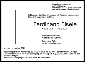 Anzeige von Ferdinand Eisele von Schwäbische Zeitung