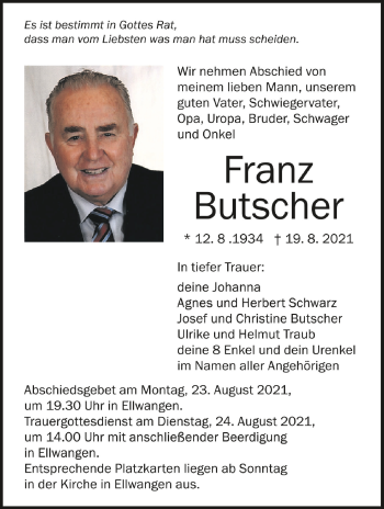 Anzeige von Franz Butscher von Schwäbische Zeitung