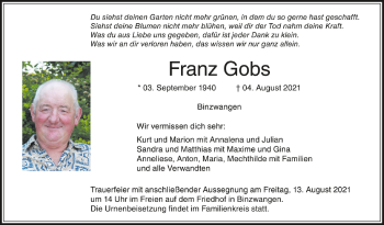 Anzeige von Franz Gobs von Schwäbische Zeitung