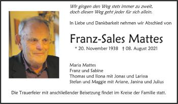 Anzeige von Franz-Sales Mattes von Schwäbische Zeitung