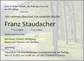 Anzeige von Franz Staudacher von Schwäbische Zeitung