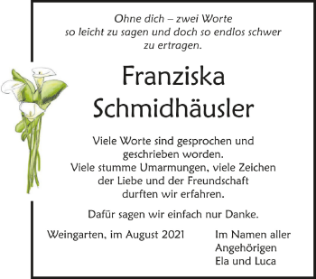 Anzeige von Franziska Schmidhäusler von Schwäbische Zeitung