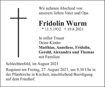 Anzeige von Fridolin Wurm von Schwäbische Zeitung