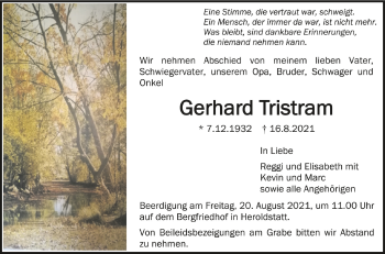 Anzeige von Gerhard Tristram von Schwäbische Zeitung