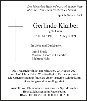 Anzeige von Gerlinde Klaiber von Schwäbische Zeitung