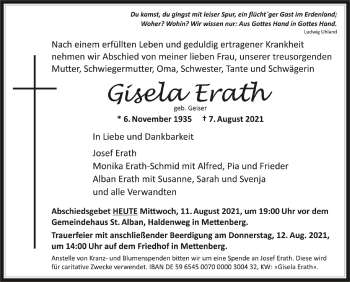 Anzeige von Giesla Erath von Schwäbische Zeitung