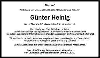 Anzeige von Günter Heinig von Schwäbische Zeitung