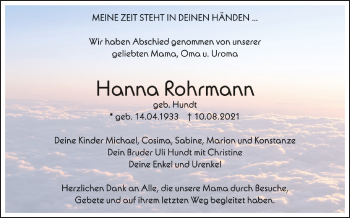 Traueranzeigen Von Hanna Rohrmann Schwaebische De Trauerportal