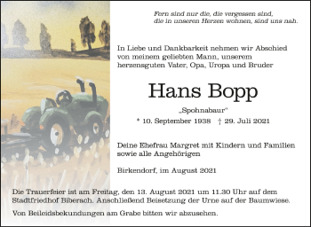 Anzeige von Hans Bopp von Schwäbische Zeitung