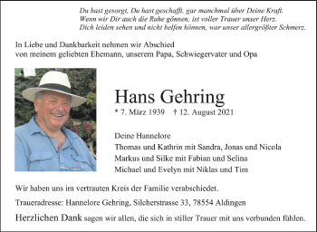 Anzeige von Hans Gehring von Schwäbische Zeitung