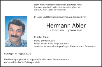 Anzeige von Hermann Abler von Schwäbische Zeitung