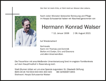 Anzeige von Hermann Konrad Walser von Schwäbische Zeitung