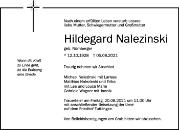 Anzeige von Hildegard Nalezinski von Schwäbische Zeitung