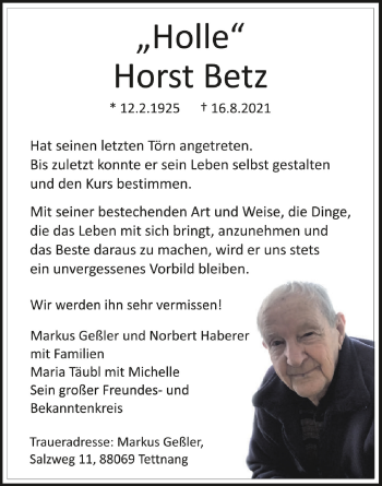 Anzeige von Horst Betz von Schwäbische Zeitung