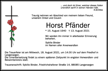 Anzeige von Horst Pfänder von Schwäbische Zeitung