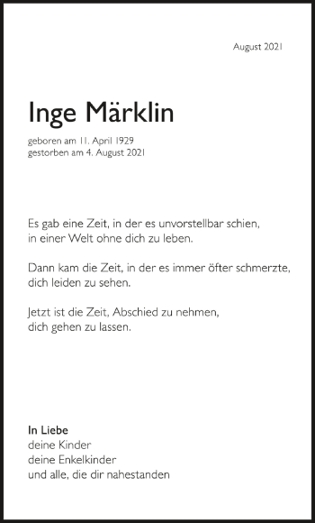 Anzeige von Inge Märklin von Schwäbische Zeitung