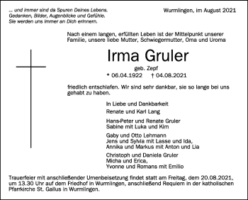 Anzeige von Irma Gruler von Schwäbische Zeitung