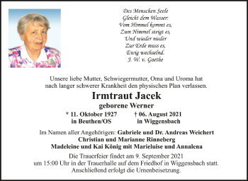 Anzeige von Irmtraut Jacek von Schwäbische Zeitung