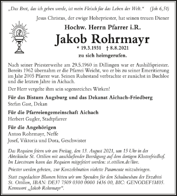 Anzeige von Jakob Rohrmayr von Schwäbische Zeitung