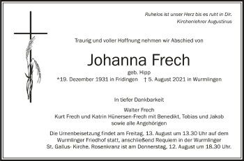 Anzeige von Johanna Frech von Schwäbische Zeitung