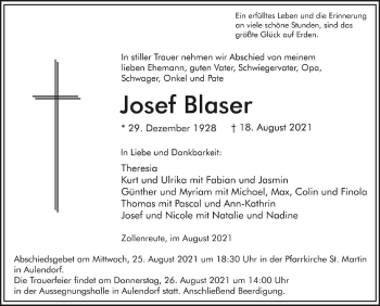 Anzeige von Josef Blaser von Schwäbische Zeitung