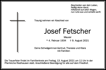 Anzeige von Josef Fetscher von Schwäbische Zeitung