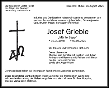 Anzeige von Josef Grieble von Schwäbische Zeitung