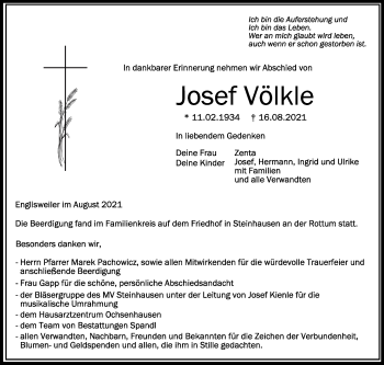 Anzeige von Josef Völkle von Schwäbische Zeitung