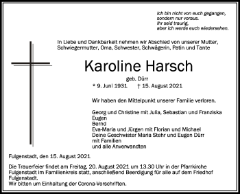 Anzeige von Karoline Harsch von Schwäbische Zeitung