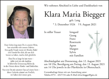 Anzeige von Klara Maria Biegger von Schwäbische Zeitung