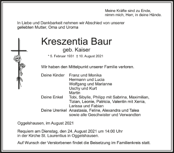 Anzeige von Kreszentia Baur von Schwäbische Zeitung