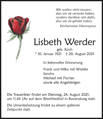 Anzeige von Lisbeth Werder von Schwäbische Zeitung