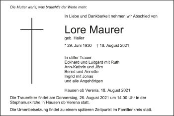 Anzeige von Lore Maurer von Schwäbische Zeitung