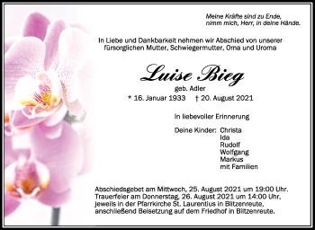 Anzeige von Luise Bieg von Schwäbische Zeitung